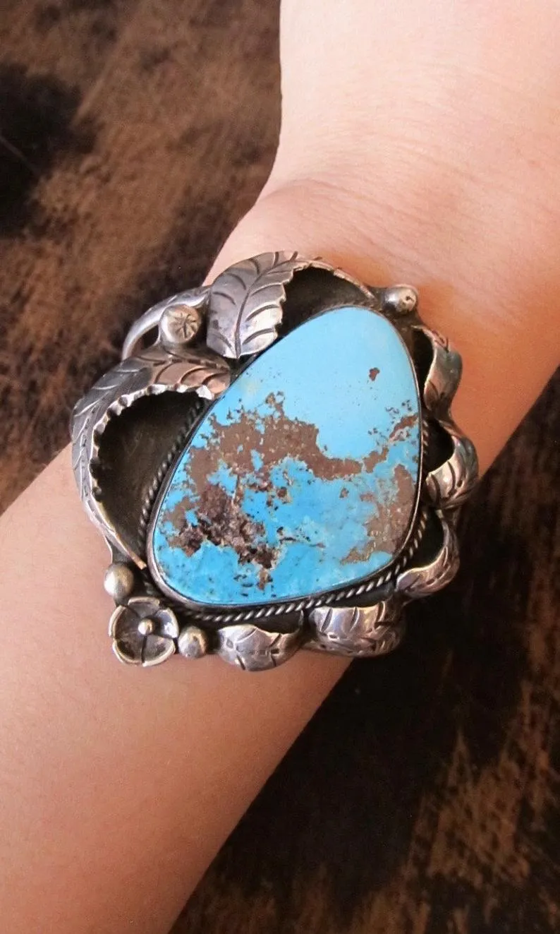 FALLING LEAVES 1970s Boho Silver & Turquoise Cuff