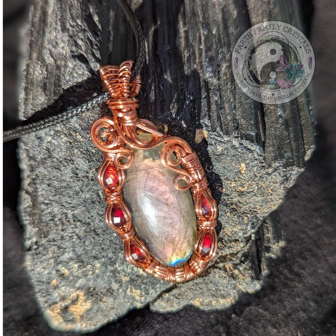 Flashy Labradorite with Garnets~  Copper Wrapped Handcrafted Design