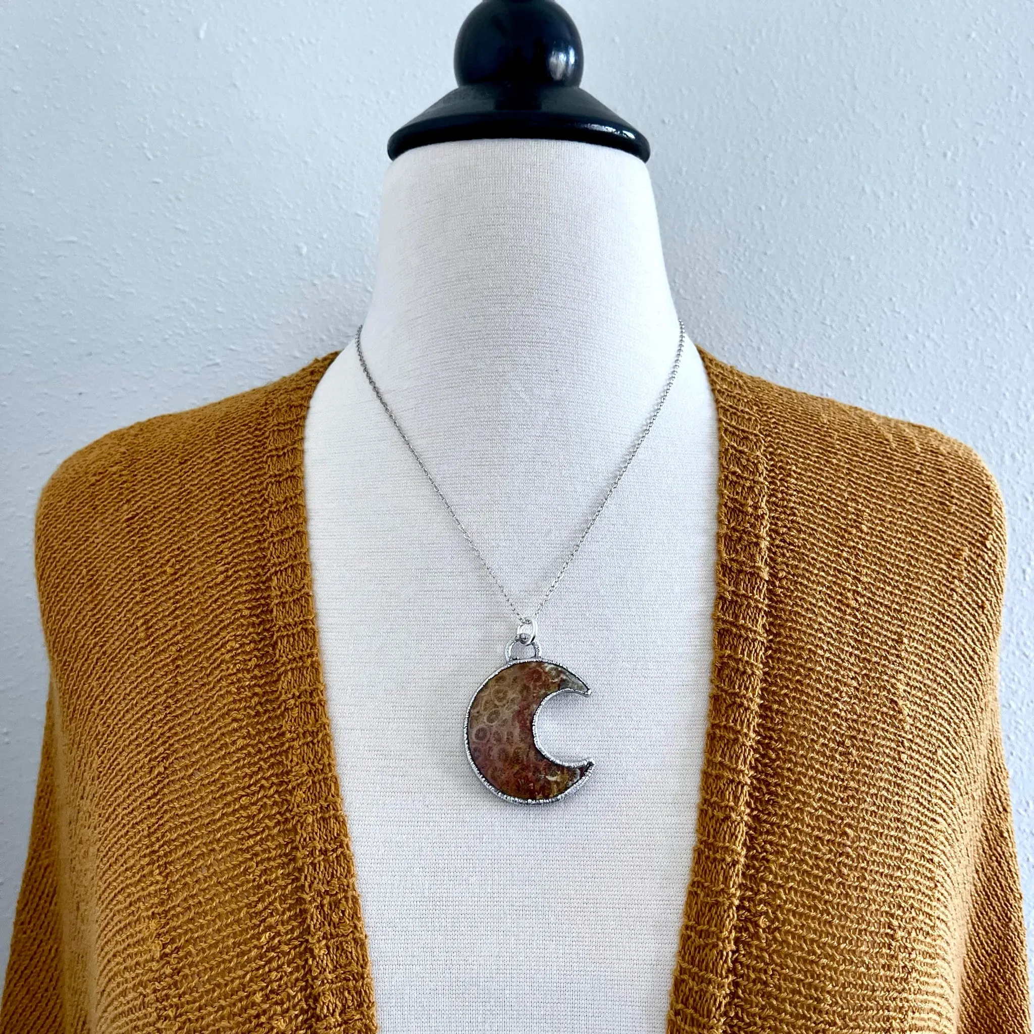 Fossilized Coral Crescent Moon Necklace in Fine Silver  / Foxlark Collection - One of a Kind Electroformed Jewelry Electroformed