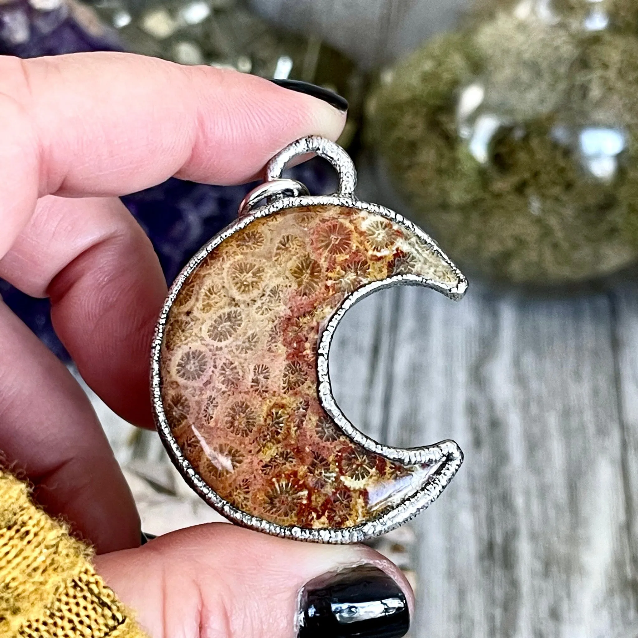 Fossilized Coral Crescent Moon Necklace in Fine Silver  / Foxlark Collection - One of a Kind Electroformed Jewelry Electroformed