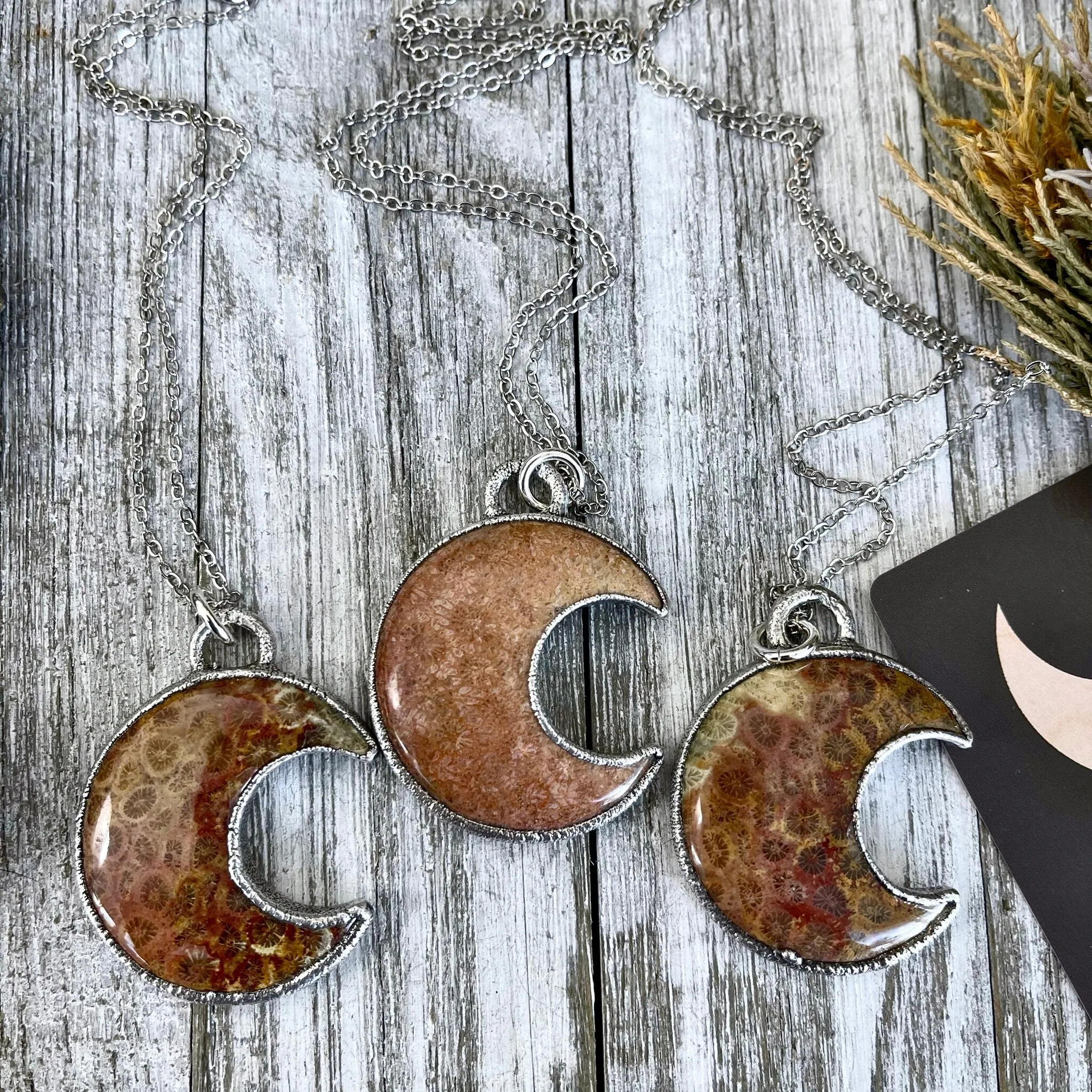 Fossilized Coral Crescent Moon Necklace in Fine Silver  / Foxlark Collection - One of a Kind Electroformed Jewelry Electroformed