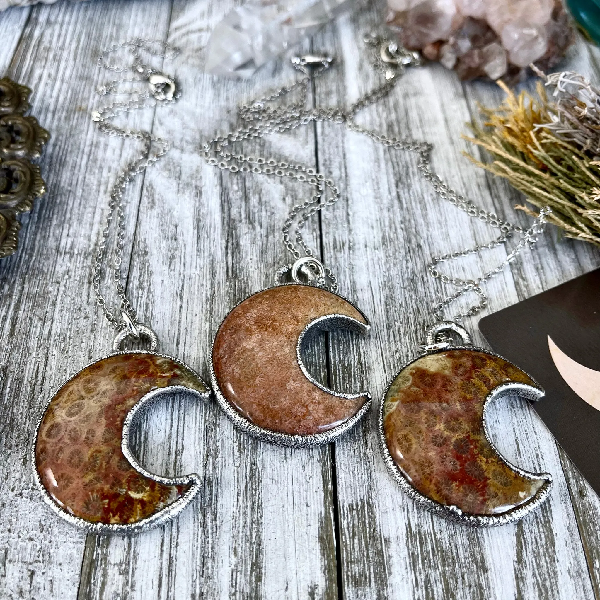 Fossilized Coral Crescent Moon Necklace in Fine Silver  / Foxlark Collection - One of a Kind Electroformed Jewelry Electroformed