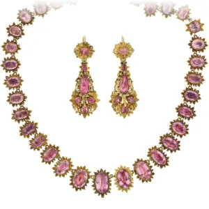 Georgian Rare 18kt Foil-Back Pink Topaz Necklace   Earring Demi-Parure Set