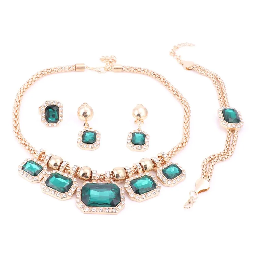 Gold-Plated Green Crystal Necklace, Bracelet, Earrings & Ring Wedding Statement Jewelry Set