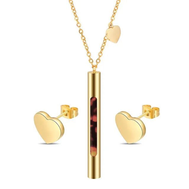 Gold Resin Channel and Heart 316L Stainless Steel Necklace & Earrings Fashion Jewelry Set