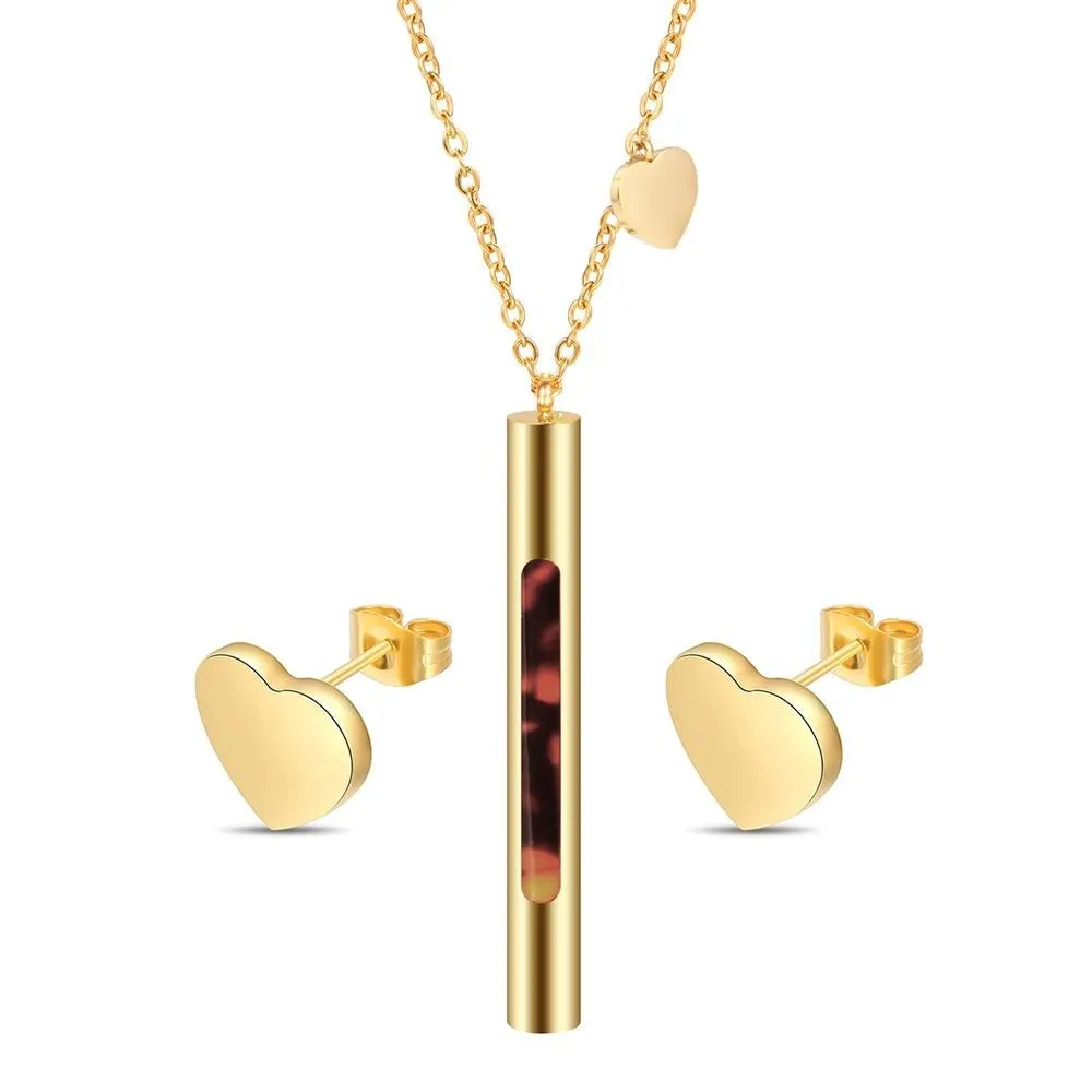 Gold Resin Channel and Heart 316L Stainless Steel Necklace & Earrings Fashion Jewelry Set