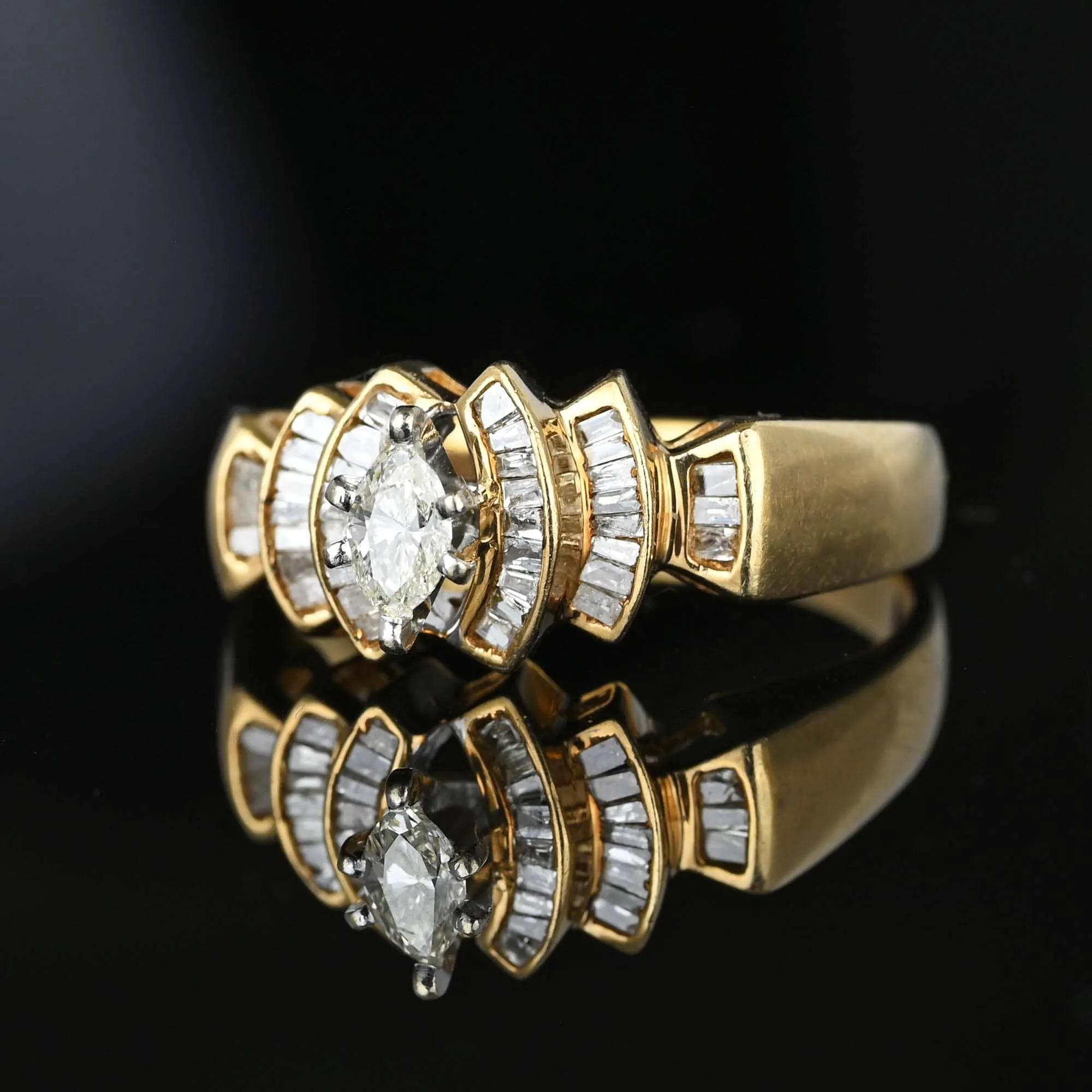 Gold Step Baguette Marquis Diamond Cocktail Ring