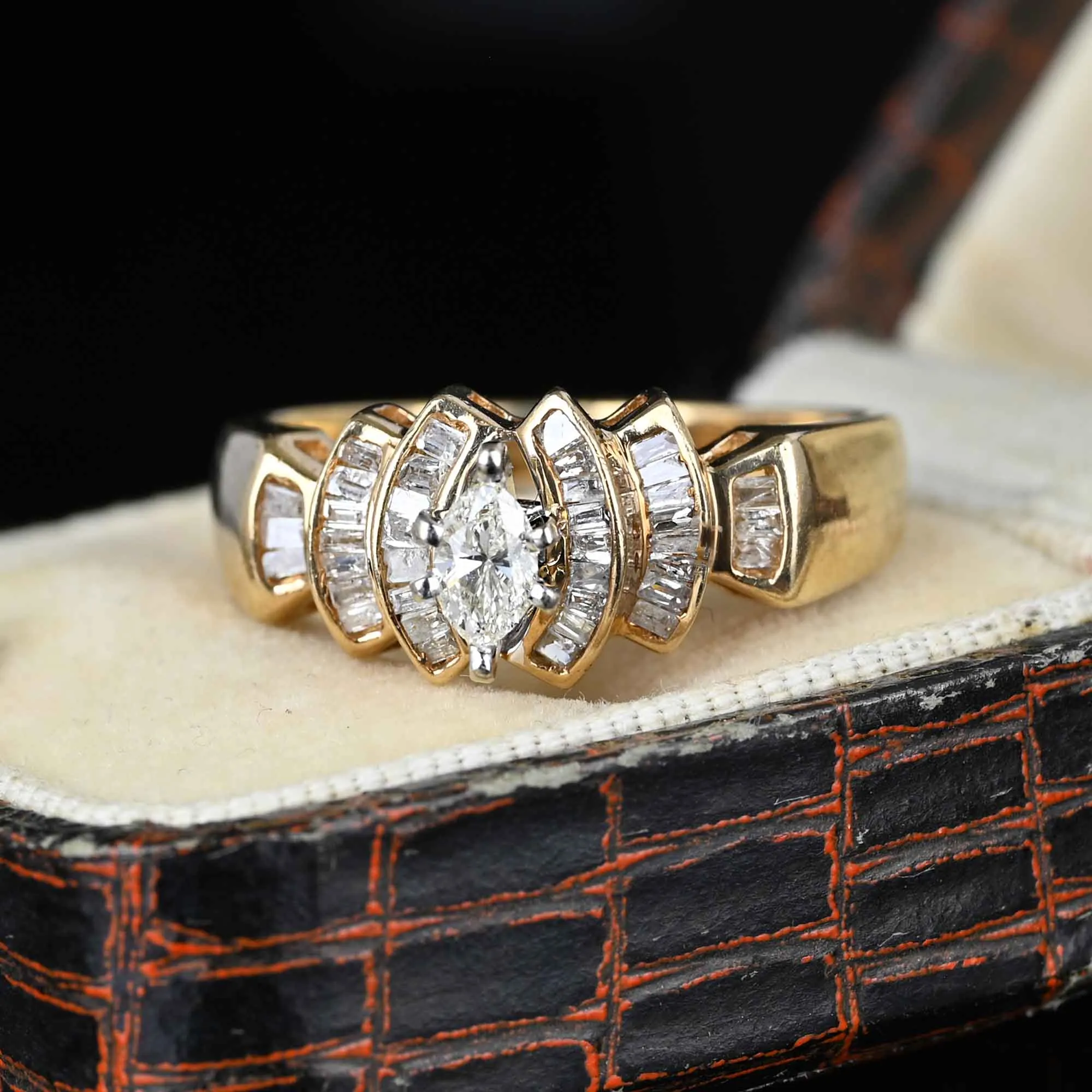 Gold Step Baguette Marquis Diamond Cocktail Ring