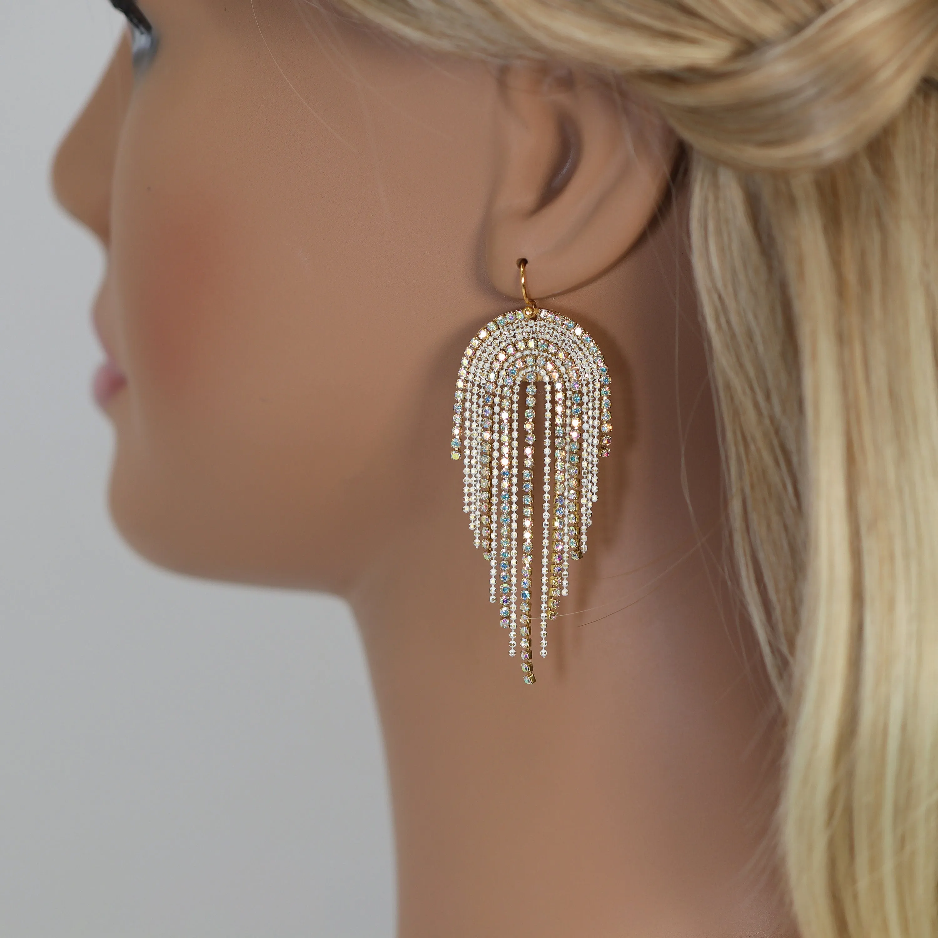 Gold Swarovski AB Crystal Ear wire Chandelier Diamond earrings, Long Tassel Bridal Jewelry Bridal Earrings Crystal Bridal Statement earrings