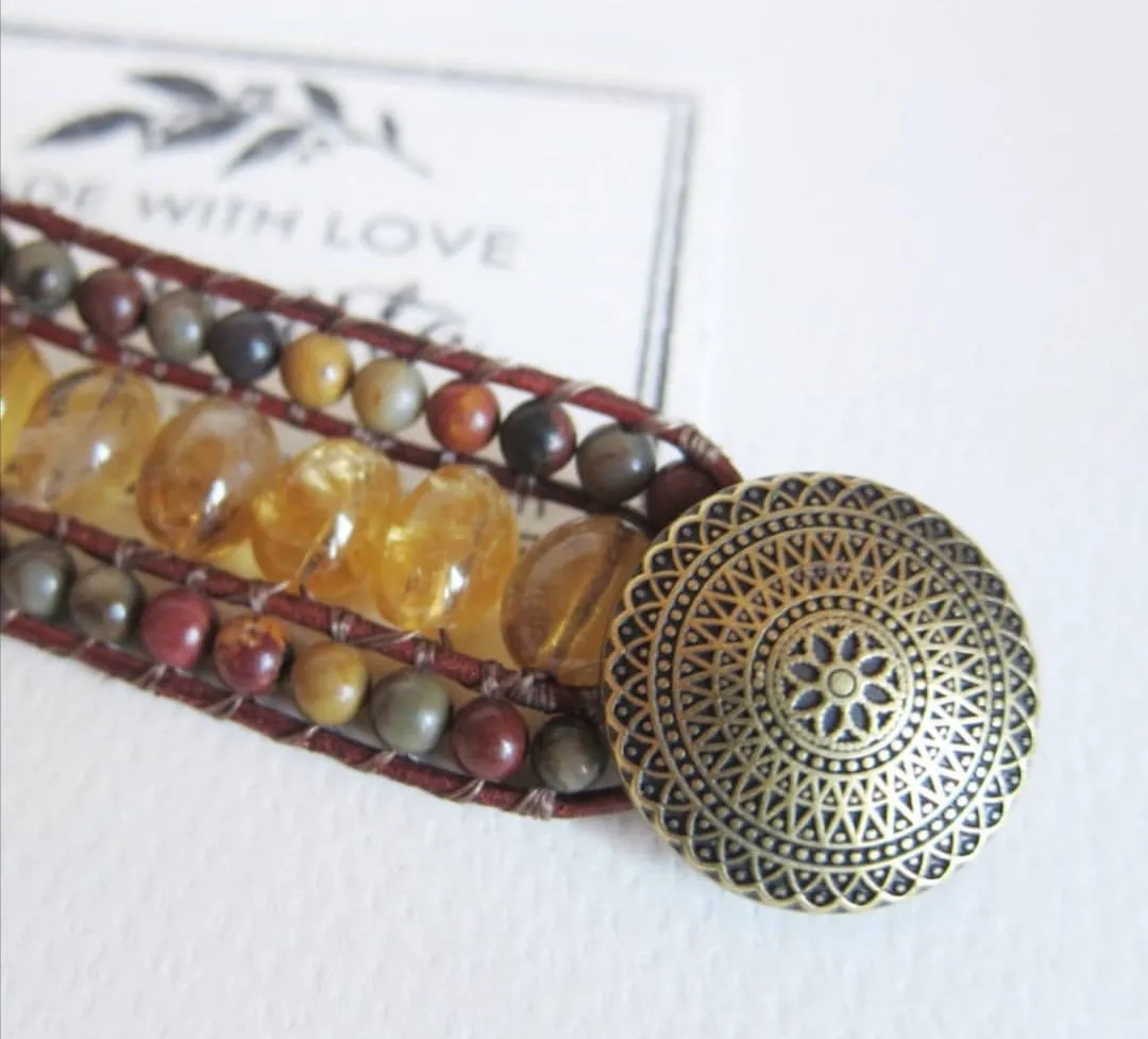 Golden Glow Citrine 3X Row Cuff Bracelet (fits wrist size 6.5 to 7.5 inch)