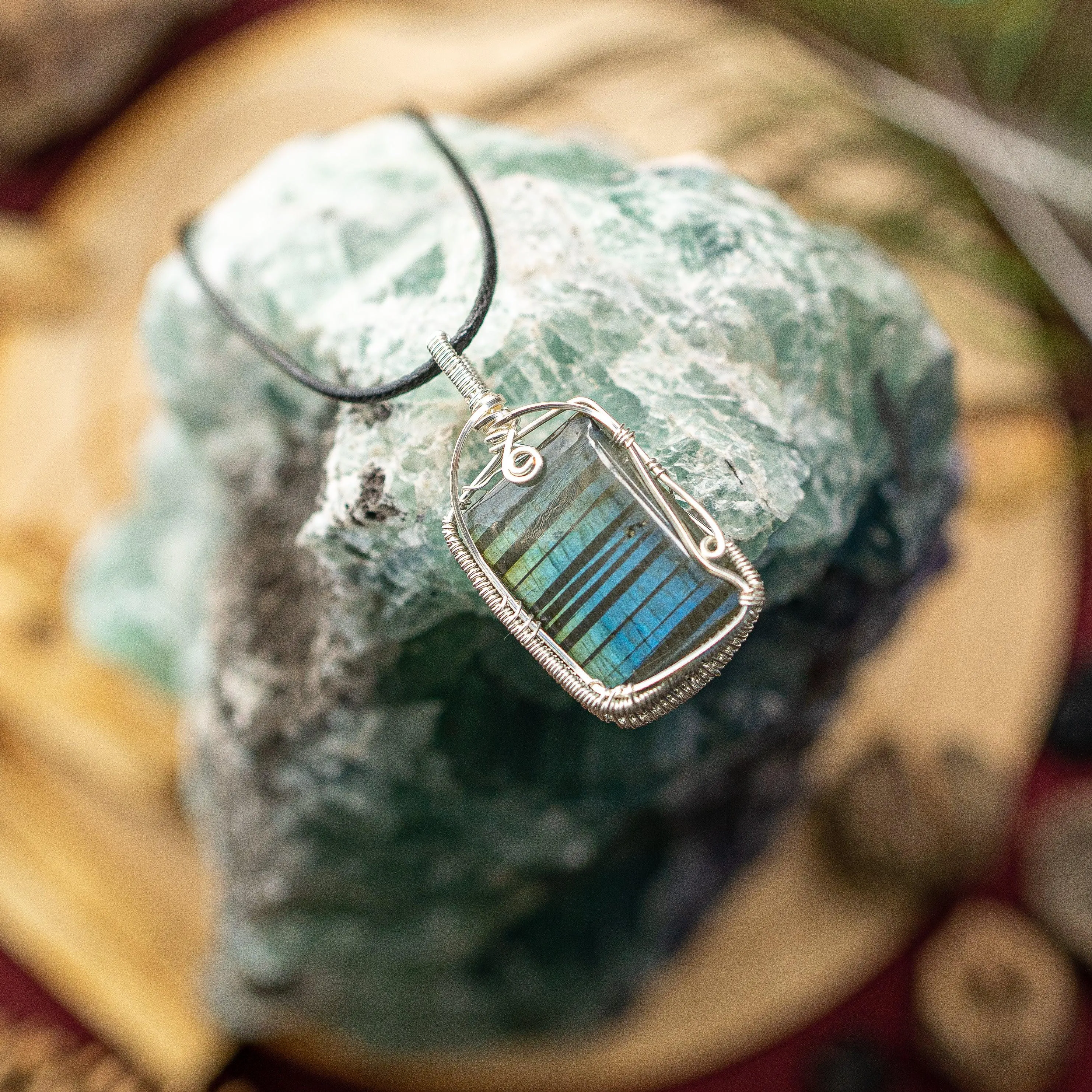 Gorgeous Flashy Blue Green Labradorite Wire Wrapped Pendant ~ Includes Necklace Cord