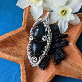 Gorgeous Protective Pendant with Black Obsidian Wire Wrap and Rainbow Channel ~ Includes Silver Chain