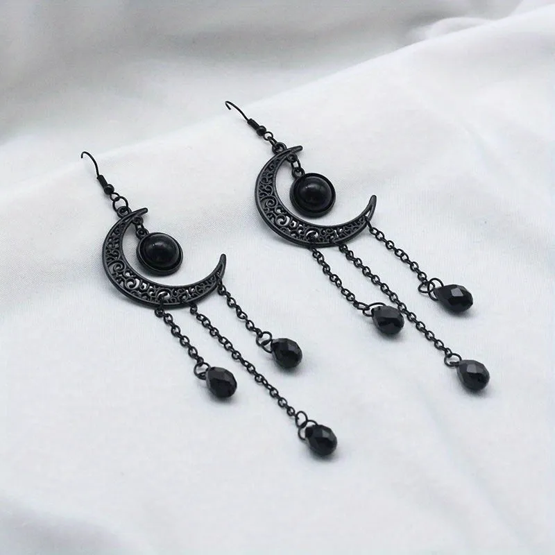 Halloween Ear Jewelry Carved Golden Moon Chain Tassel Design Dangle Earrings Goth Style Female Gift LJH19