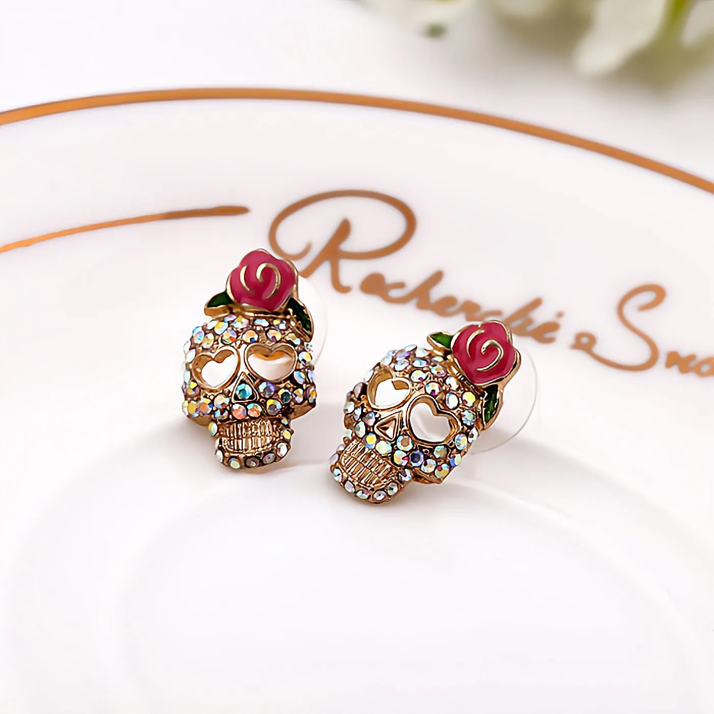 Halloween Earrings Vintage Rhinestone Crystal Skeleton Skull Earrings for Women Fashion Punk Ear Jewelry