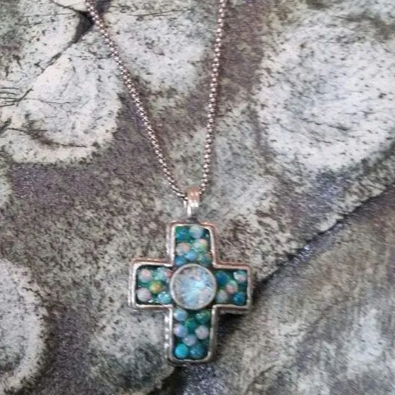 Holy Land Jewelry Sterling Silver cross roman glass opals beads My Blue Sky Cross