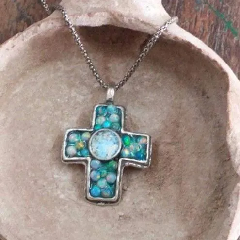 Holy Land Jewelry Sterling Silver cross roman glass opals beads My Blue Sky Cross