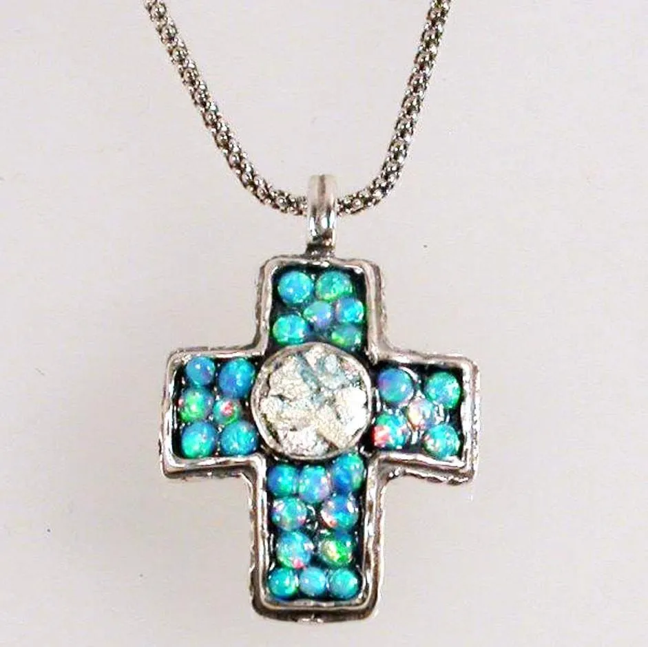 Holy Land Jewelry Sterling Silver cross roman glass opals beads My Blue Sky Cross