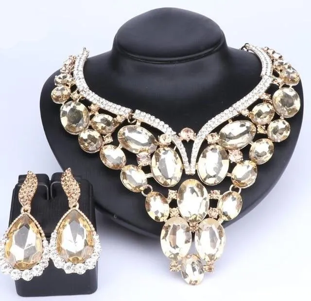 Huge Crystal Necklace & Earrings Wedding Statement Jewelry Set