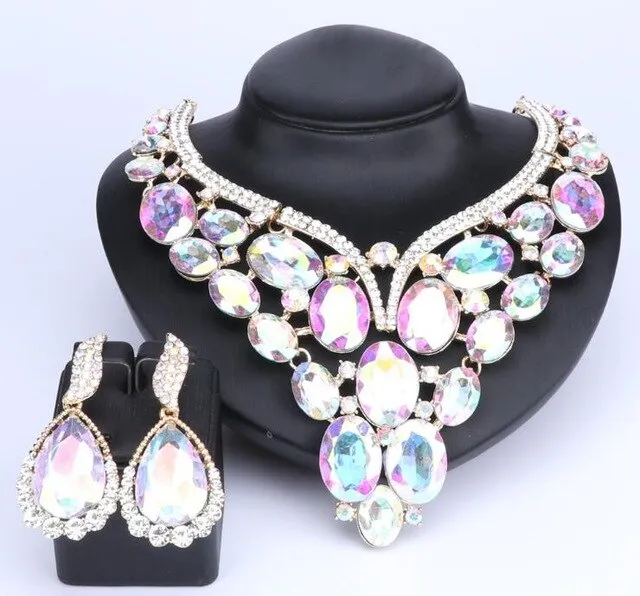 Huge Crystal Necklace & Earrings Wedding Statement Jewelry Set