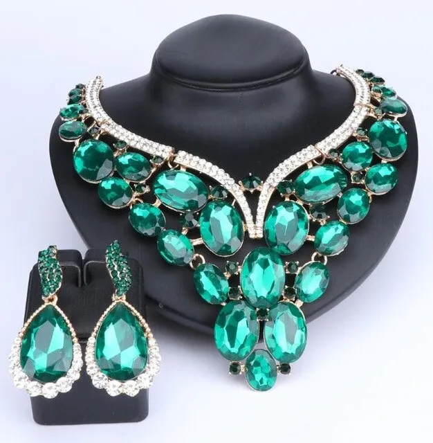 Huge Crystal Necklace & Earrings Wedding Statement Jewelry Set