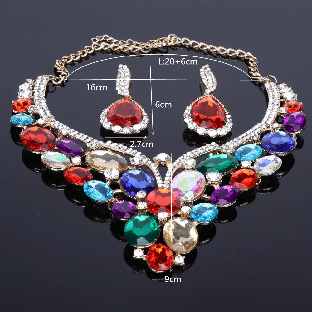 Huge Crystal Necklace & Earrings Wedding Statement Jewelry Set