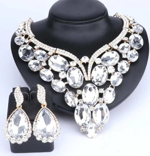 Huge Crystal Necklace & Earrings Wedding Statement Jewelry Set