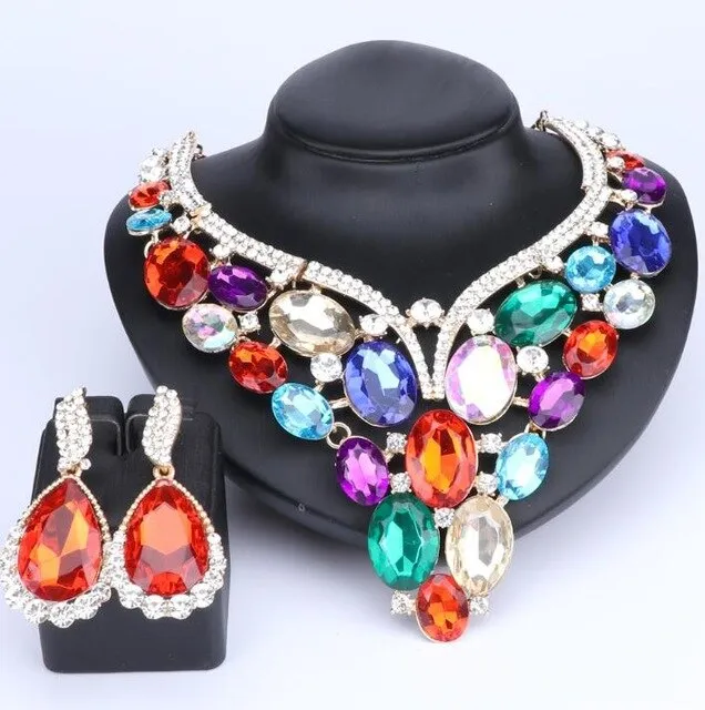 Huge Crystal Necklace & Earrings Wedding Statement Jewelry Set