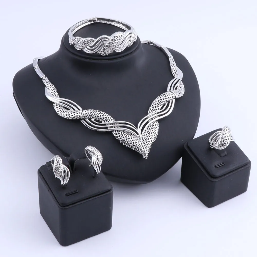 Interlaced Designs with Square Patterns Necklace, Bracelet, Earrings & Ring Wedding Statement Jewelry Set