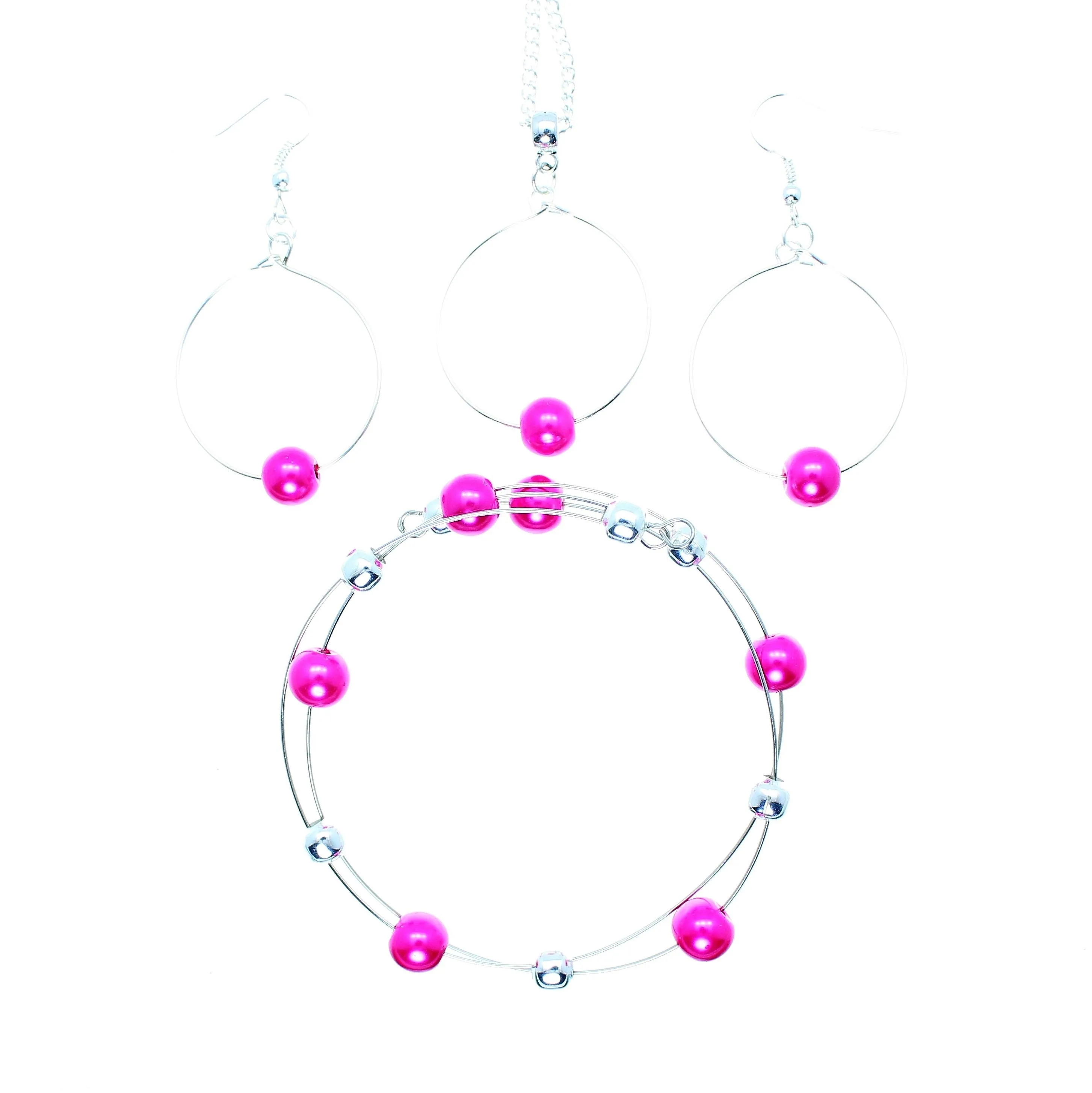 Jewelry Set JWL-SET-1001 Pink Silver 8mm Beads on Wire