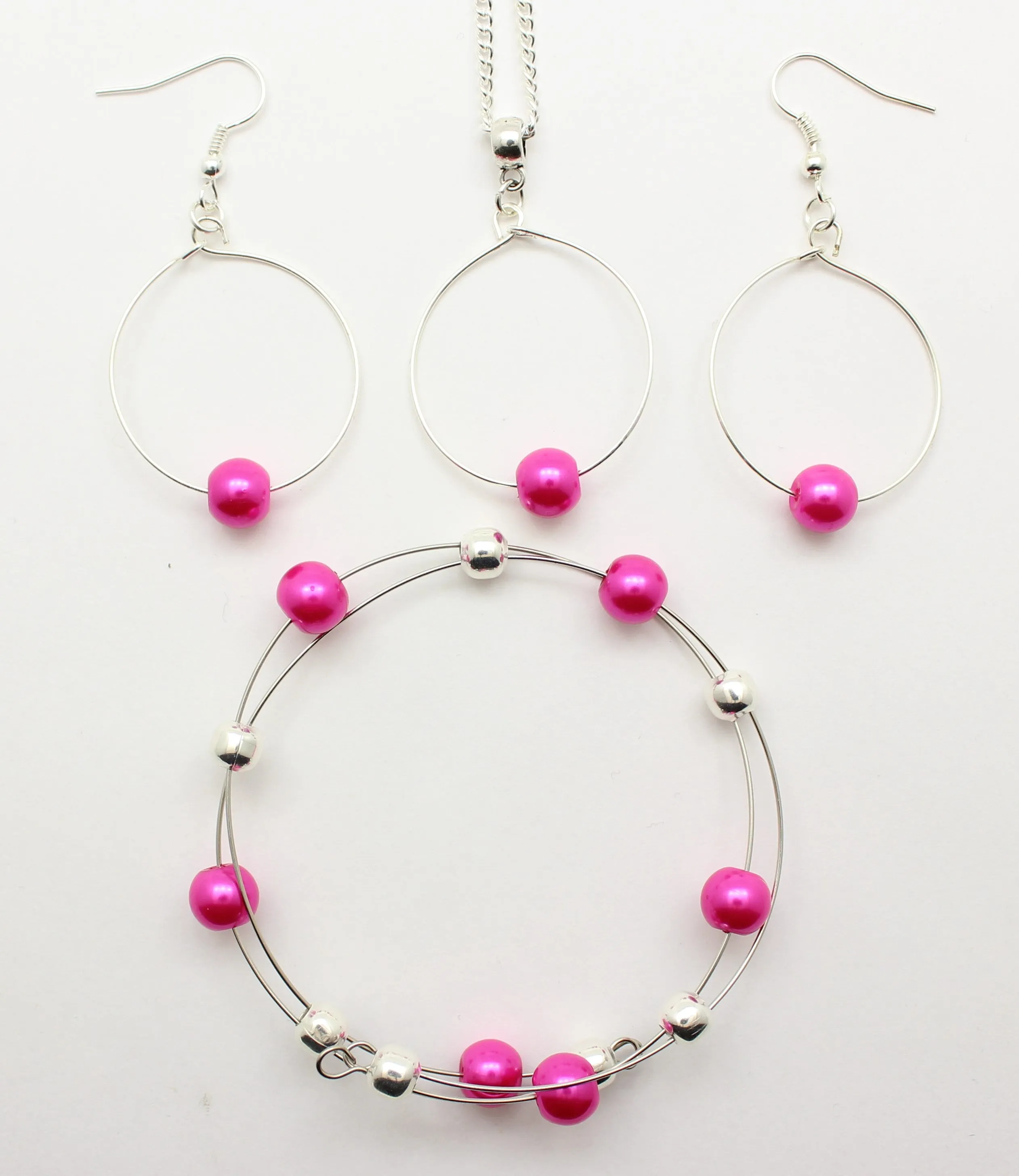 Jewelry Set JWL-SET-1001 Pink Silver 8mm Beads on Wire