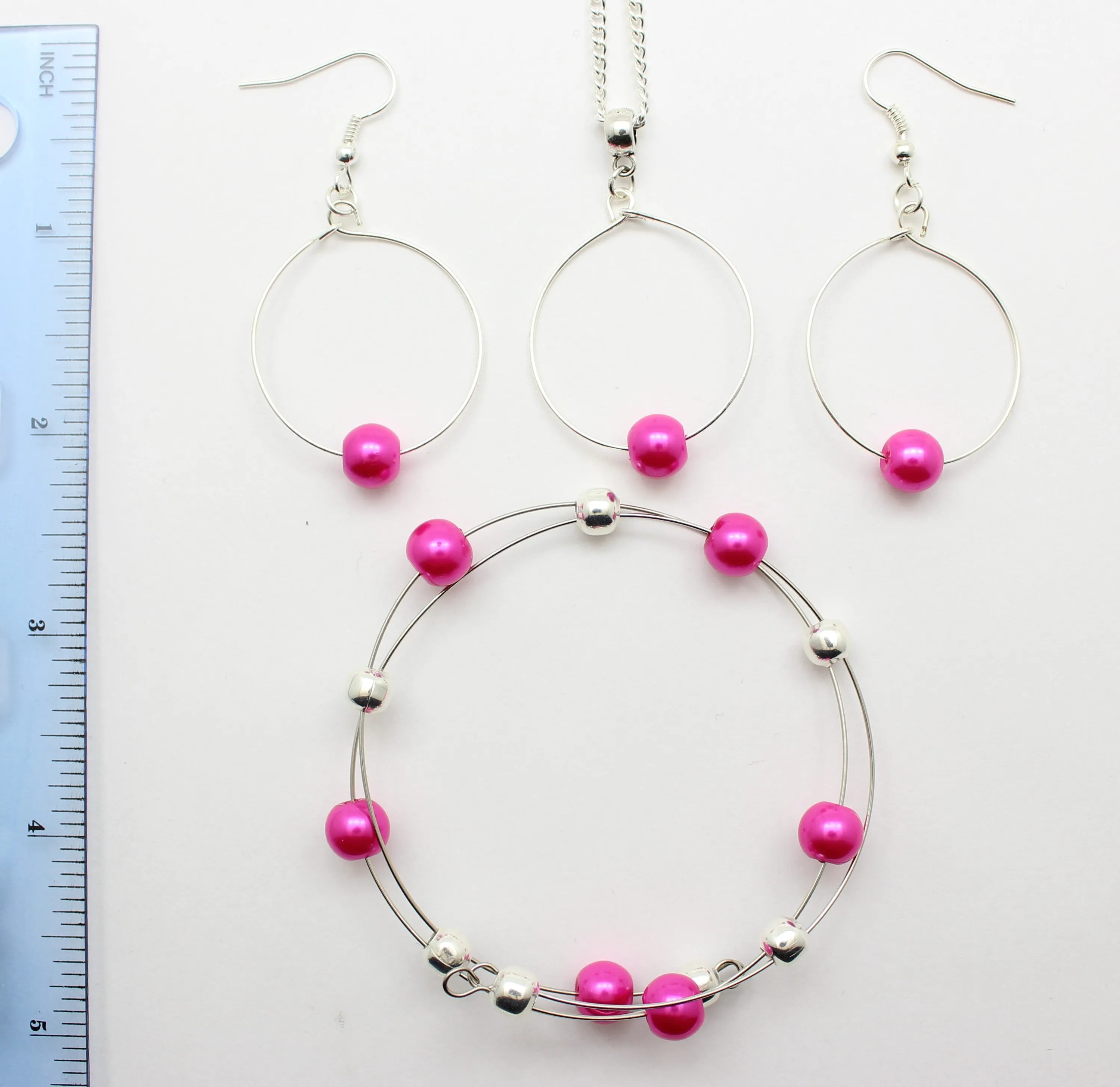 Jewelry Set JWL-SET-1001 Pink Silver 8mm Beads on Wire