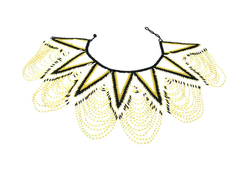 Kipepeo Long Beaded Bib Necklace 07 - Black, Gold & White