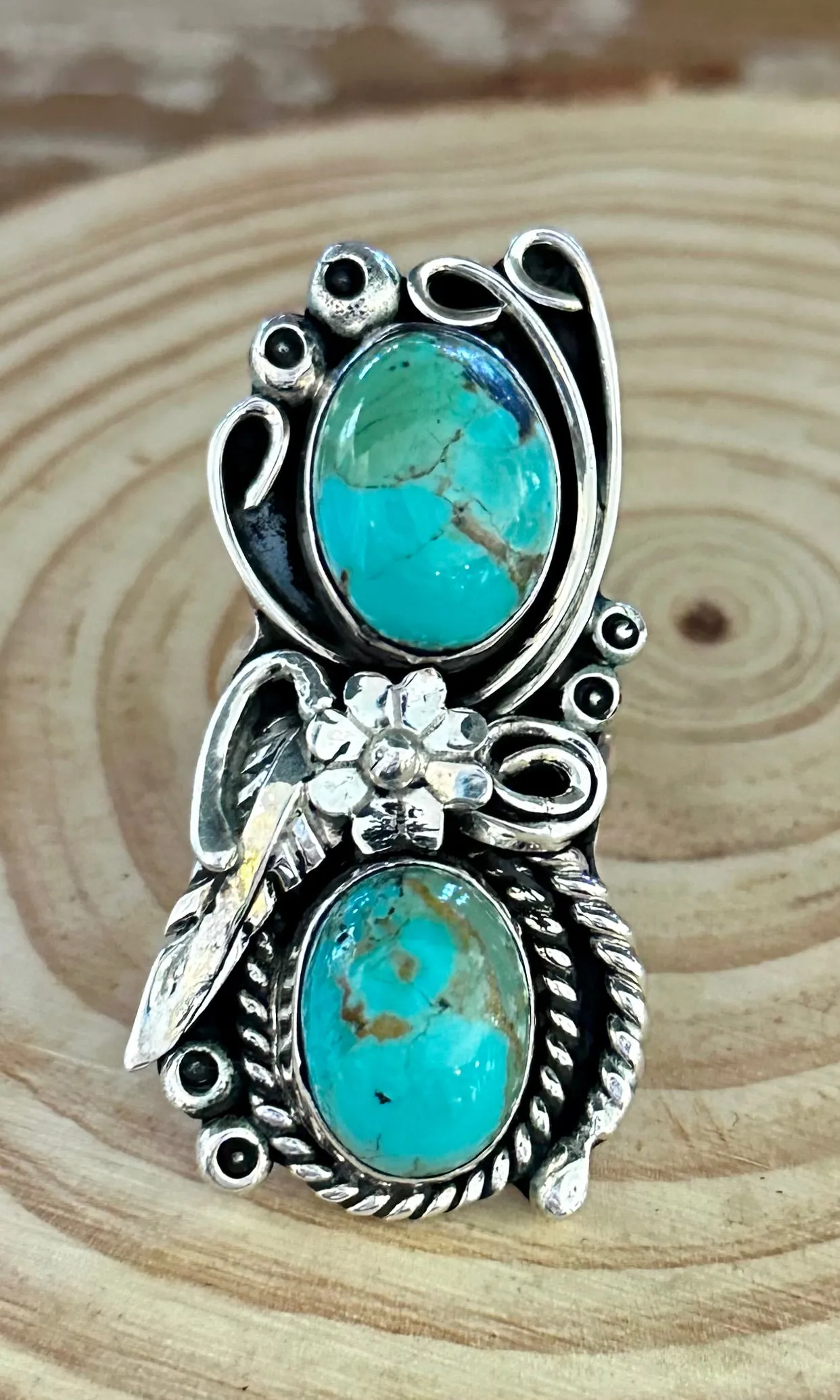 LITTLE C.R. Navajo, Dine'h Native Arts Turquoise Sterling Silver, Large Ring  Size 9 1/2