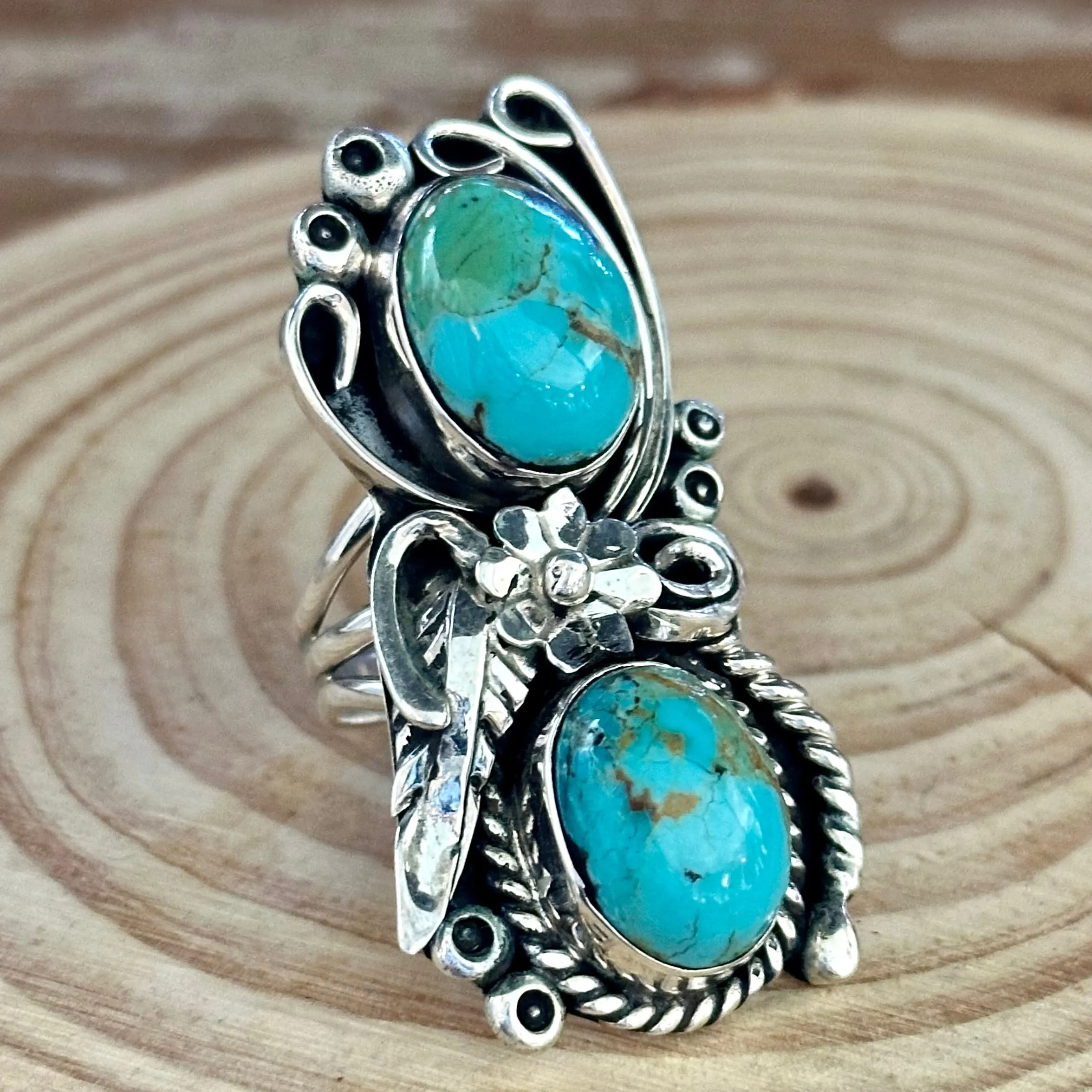 LITTLE C.R. Navajo, Dine'h Native Arts Turquoise Sterling Silver, Large Ring  Size 9 1/2