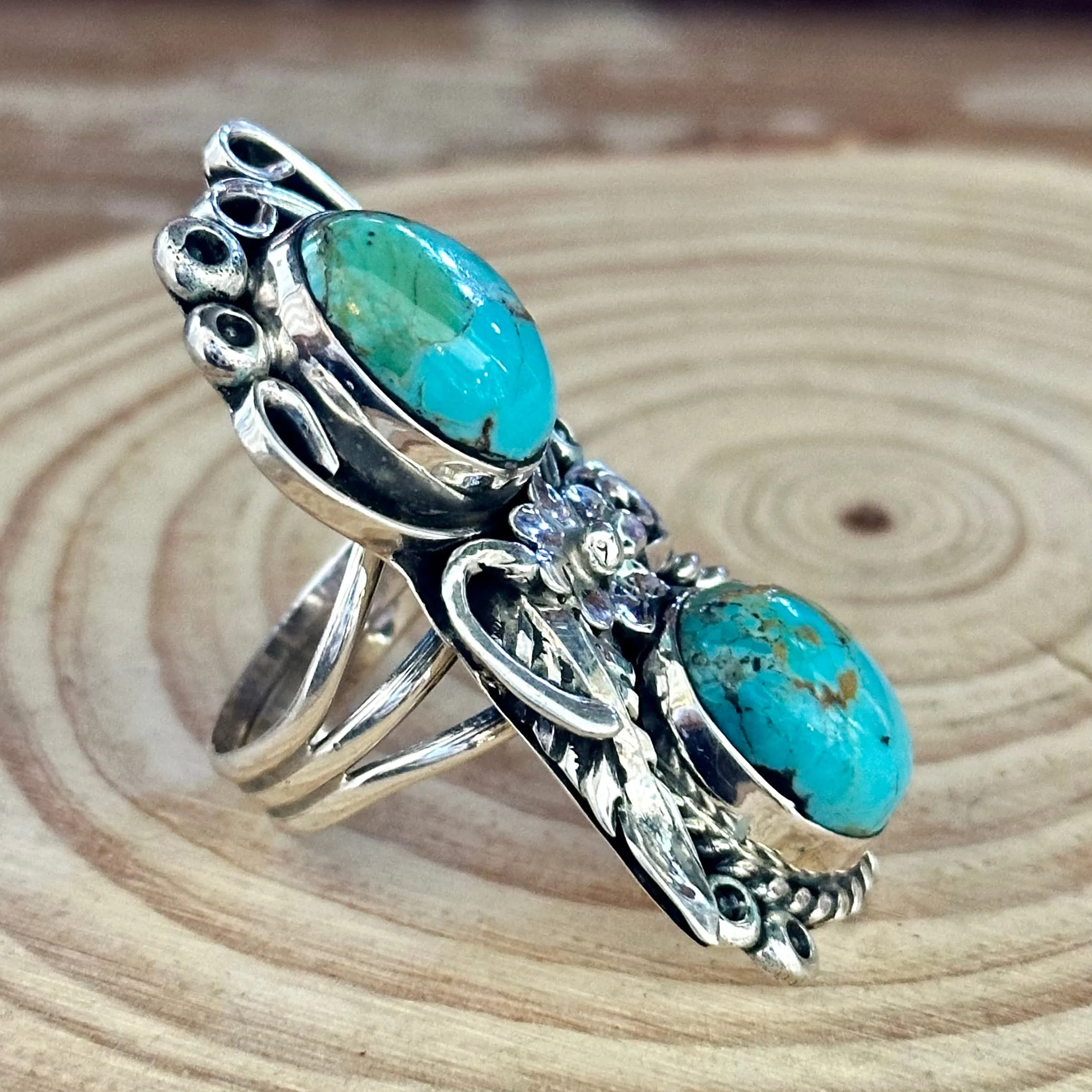 LITTLE C.R. Navajo, Dine'h Native Arts Turquoise Sterling Silver, Large Ring  Size 9 1/2