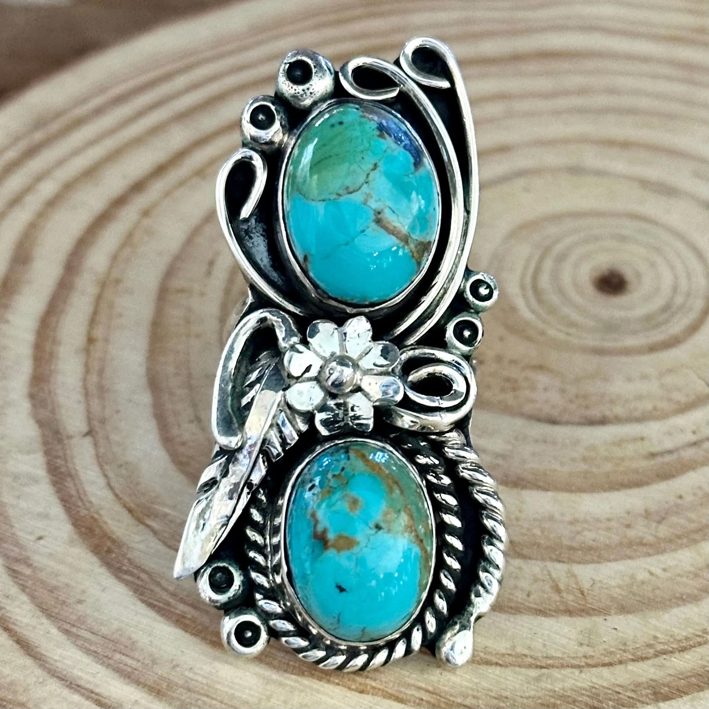 LITTLE C.R. Navajo, Dine'h Native Arts Turquoise Sterling Silver, Large Ring  Size 9 1/2