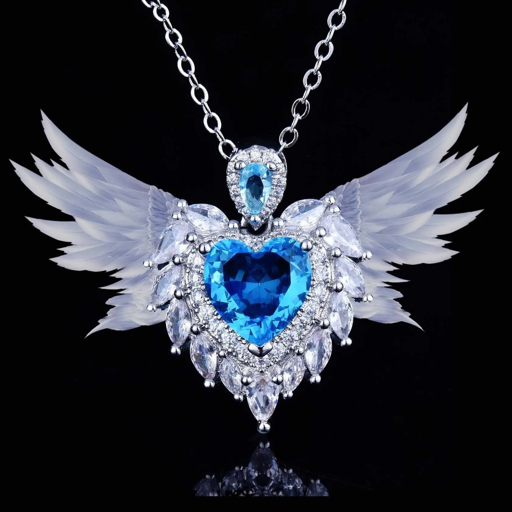 Luxury Temperament Design Angel Wing Simulated Aquamarine/ Amethyst Heart Necklace - 925 Sterling Silver