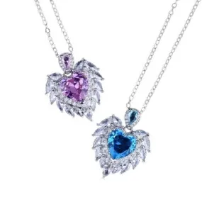 Luxury Temperament Design Angel Wing Simulated Aquamarine/ Amethyst Heart Necklace - 925 Sterling Silver