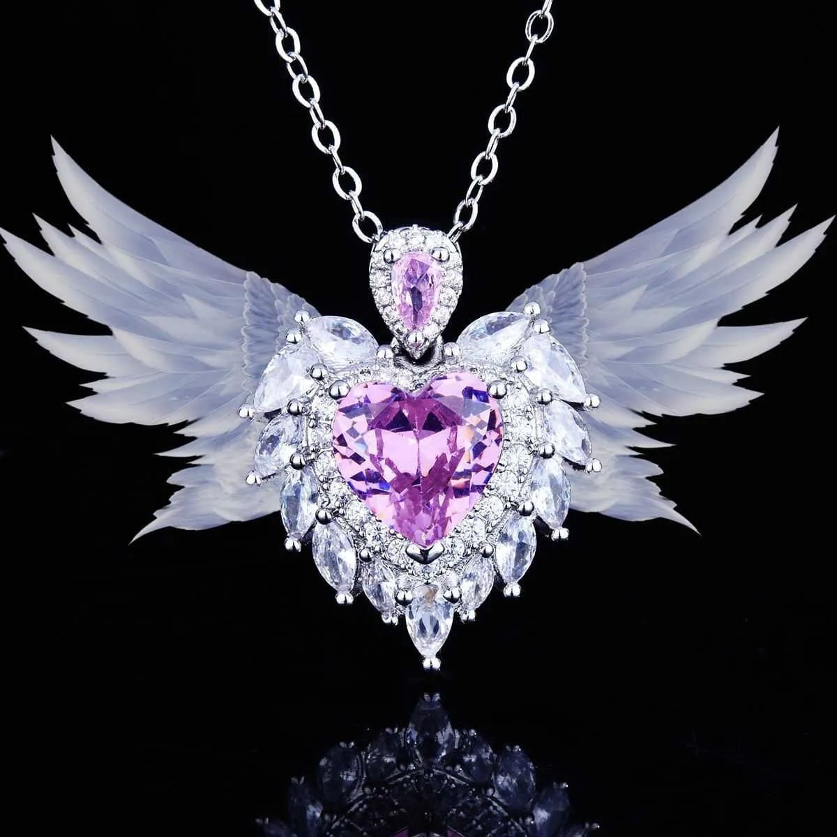 Luxury Temperament Design Angel Wing Simulated Aquamarine/ Amethyst Heart Necklace - 925 Sterling Silver