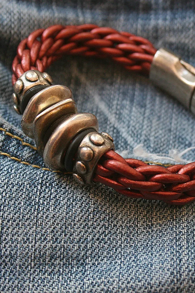 Metal Bead and Leather Bracelet