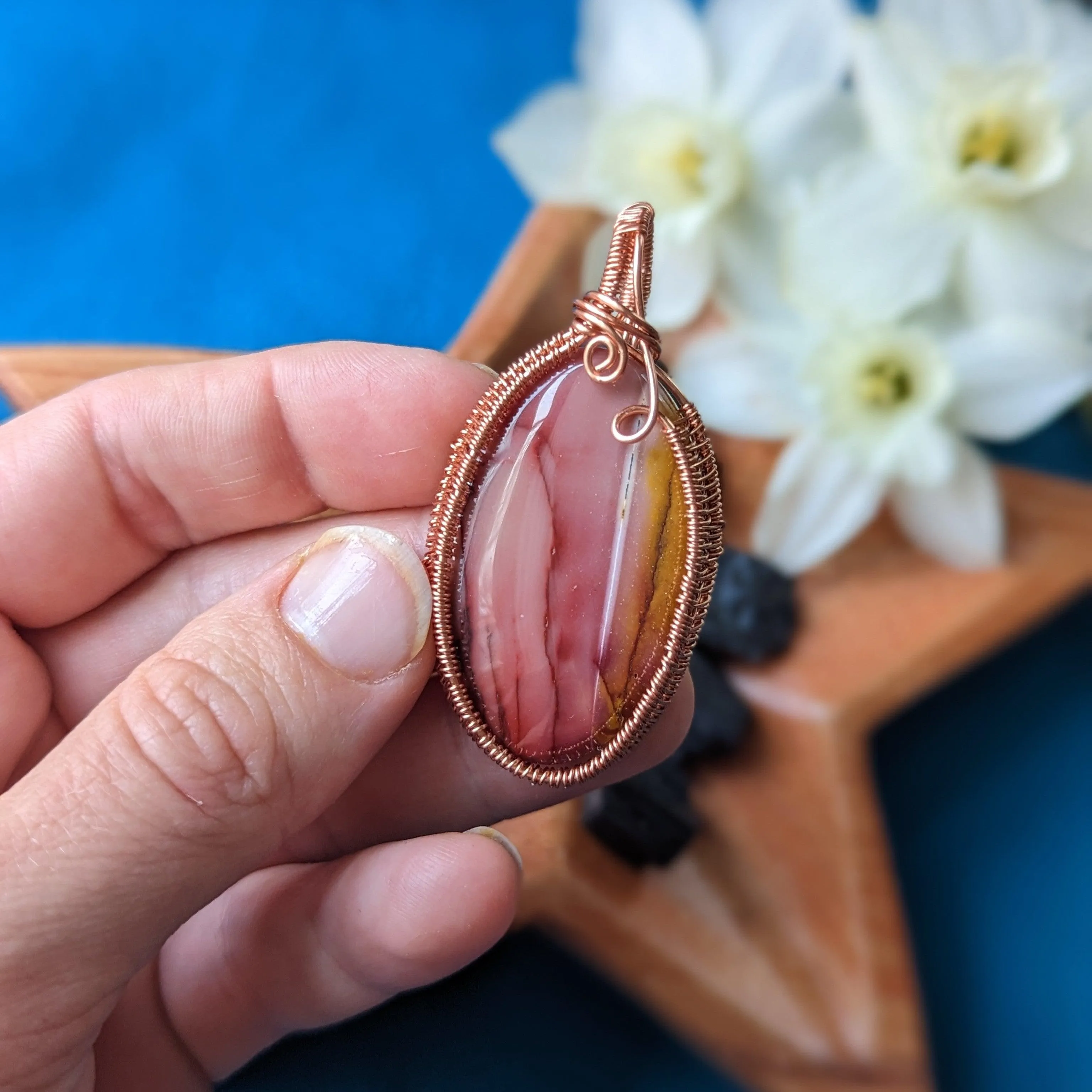 Mookaite Jasper in Copper Wire Wrapping ~ Pendant with Necklace Cord Included.