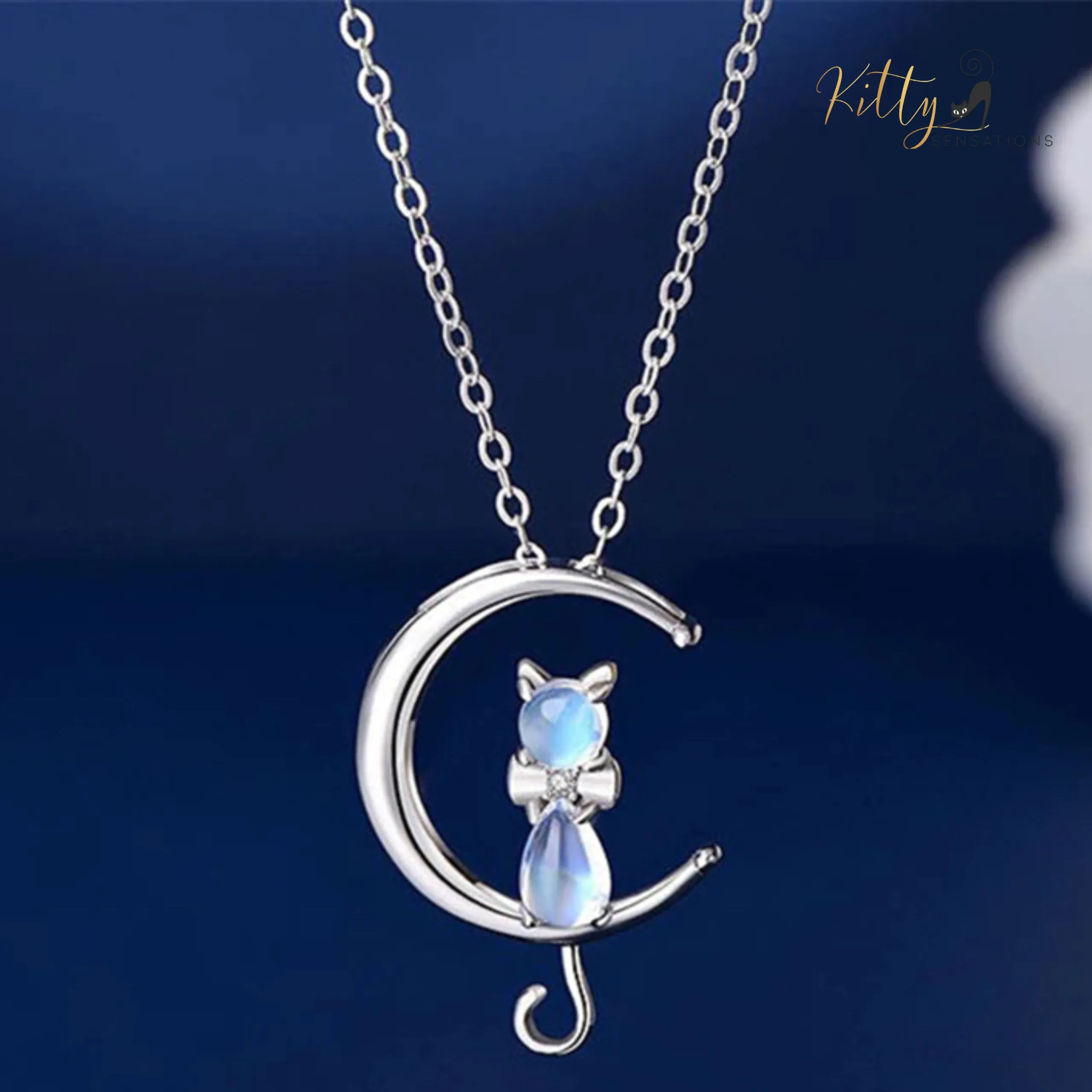 Moon Kitty Necklace in Natural Moonstone and Solid 925 Sterling Silver