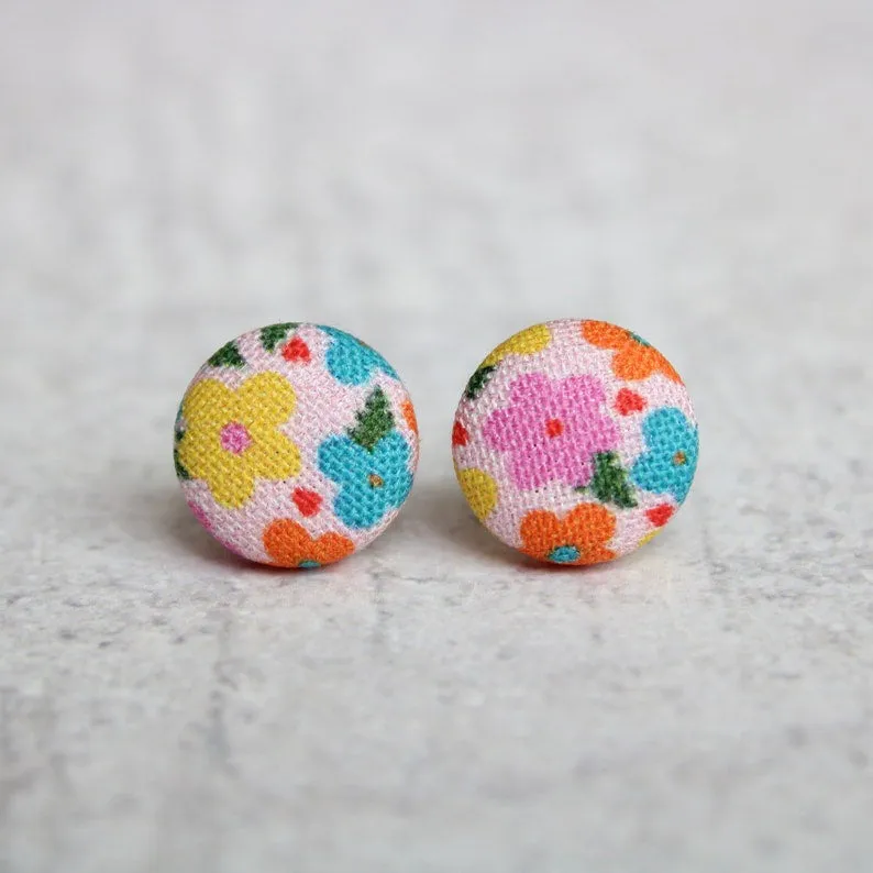 Multicolor Flowers Fabric Button Earrings