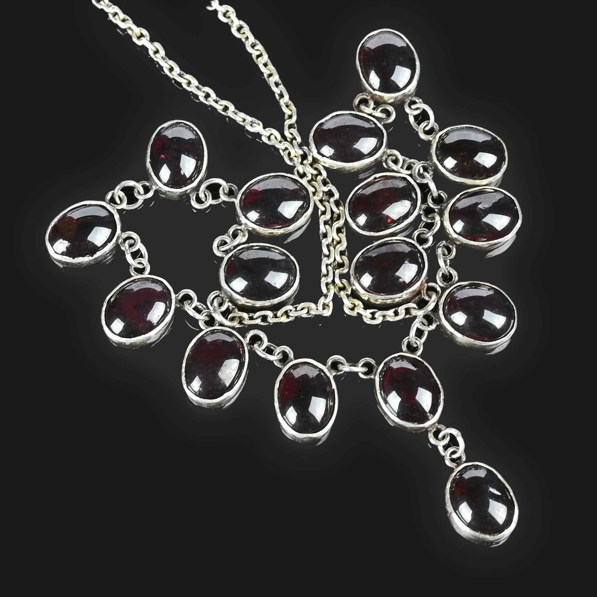 Natural Garnet Cabochon Fringe Necklace in Silver