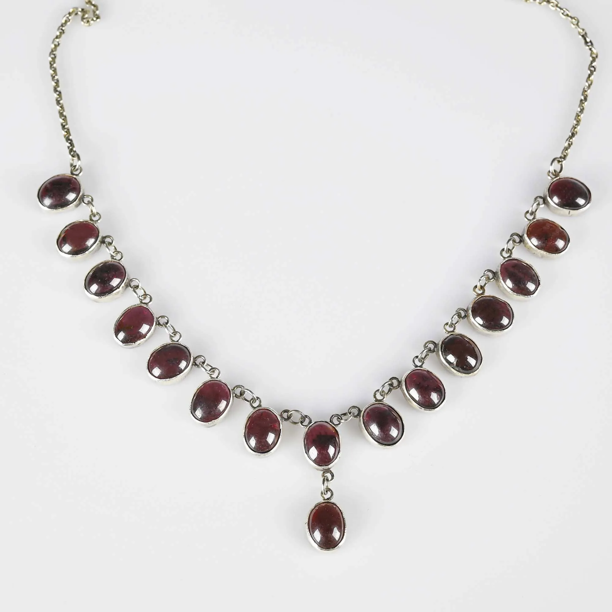 Natural Garnet Cabochon Fringe Necklace in Silver