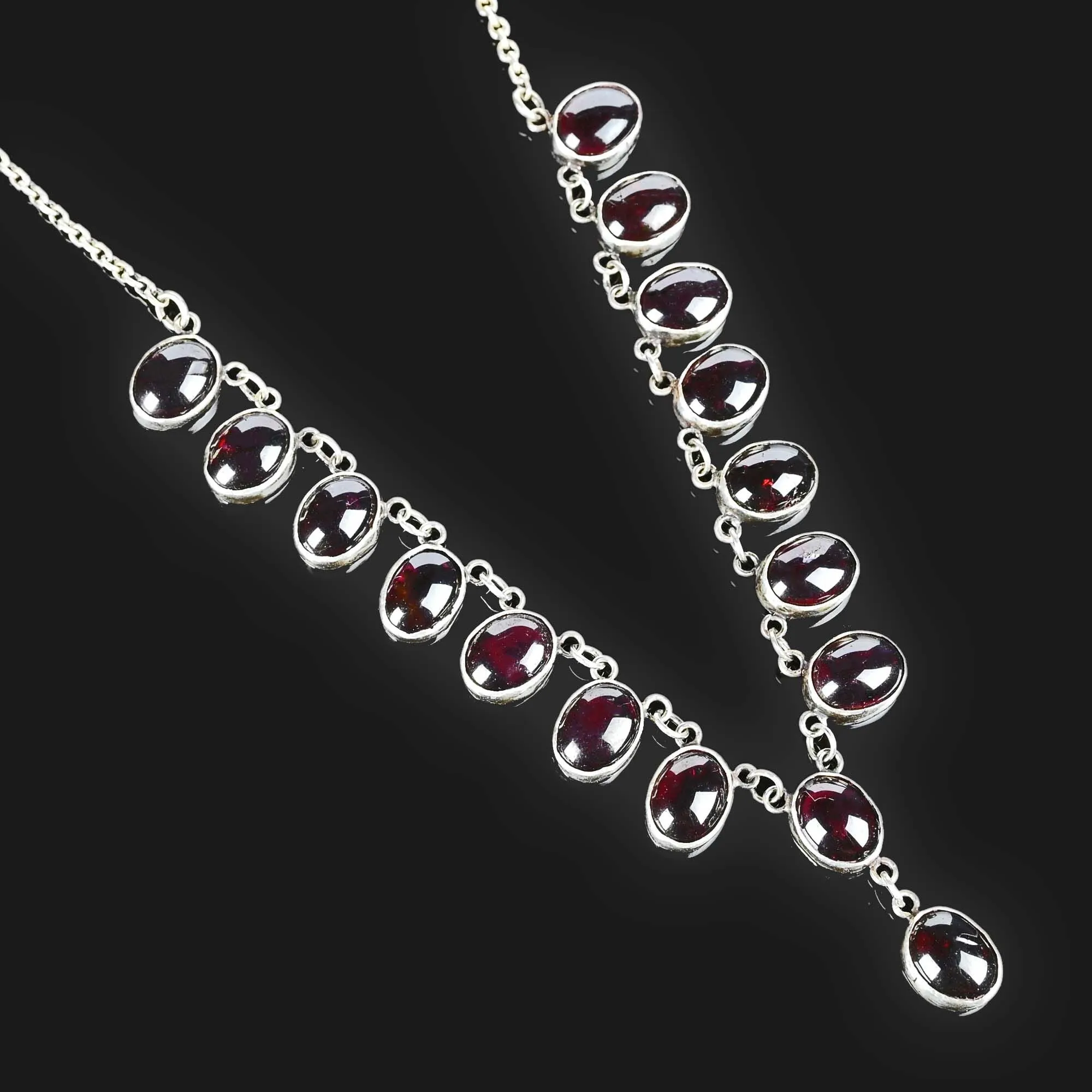 Natural Garnet Cabochon Fringe Necklace in Silver