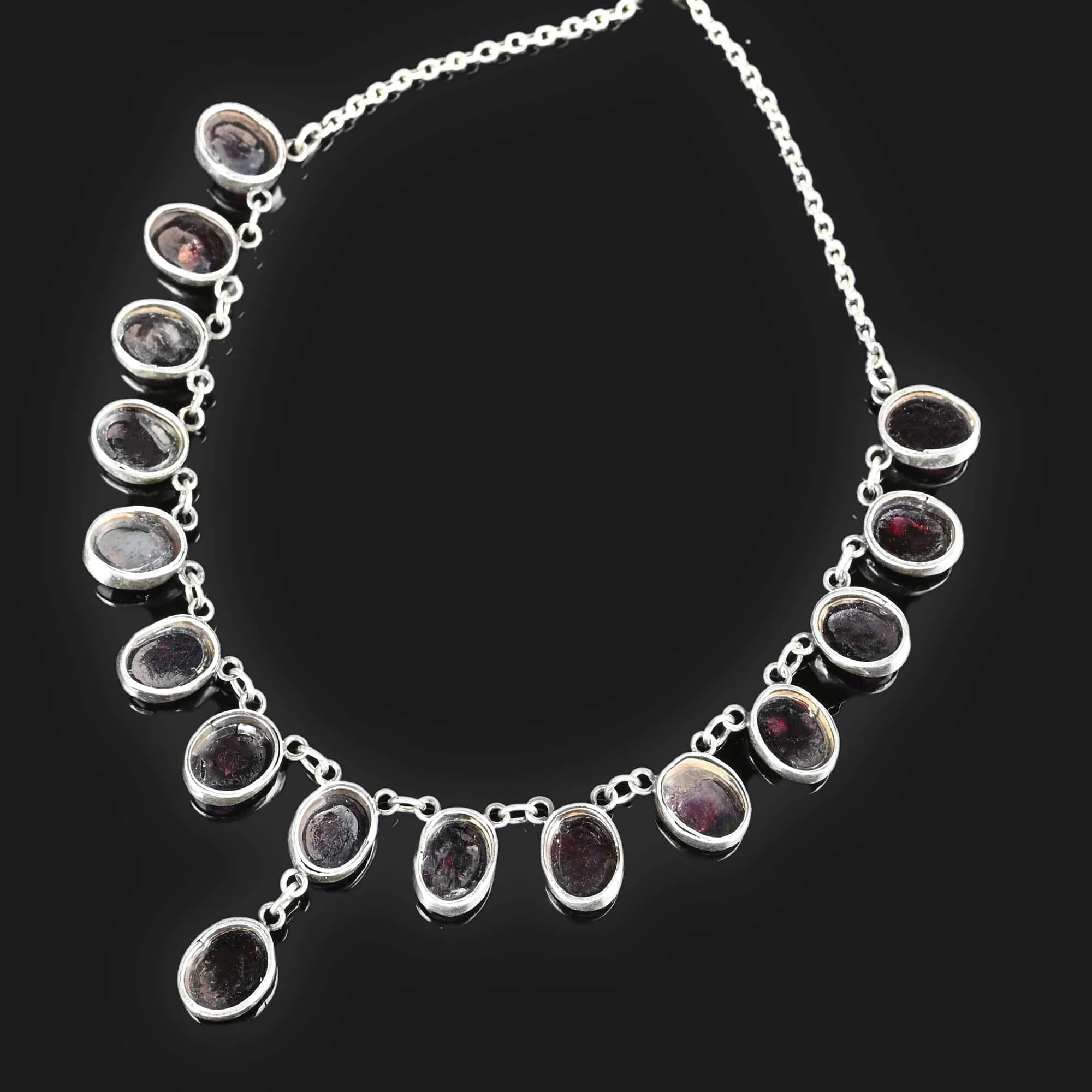 Natural Garnet Cabochon Fringe Necklace in Silver