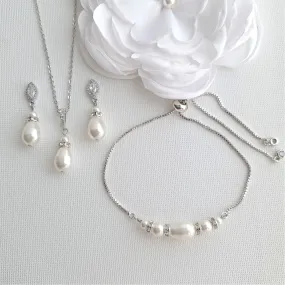 Pearl Earrings Necklace Bracelet Bridesmaids & Bridal Jewelry Set- Ella