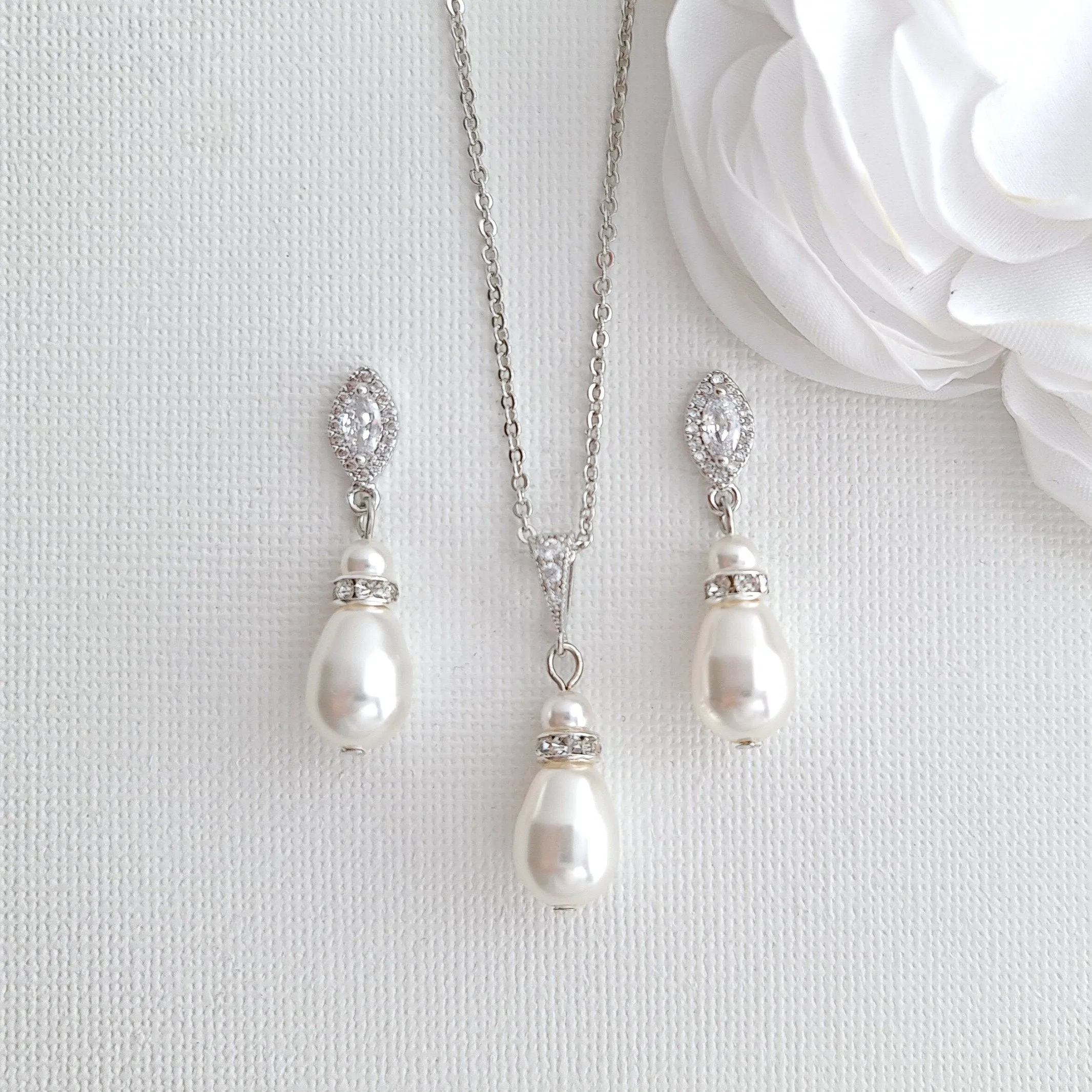 Pearl Earrings Necklace Bracelet Bridesmaids & Bridal Jewelry Set- Ella