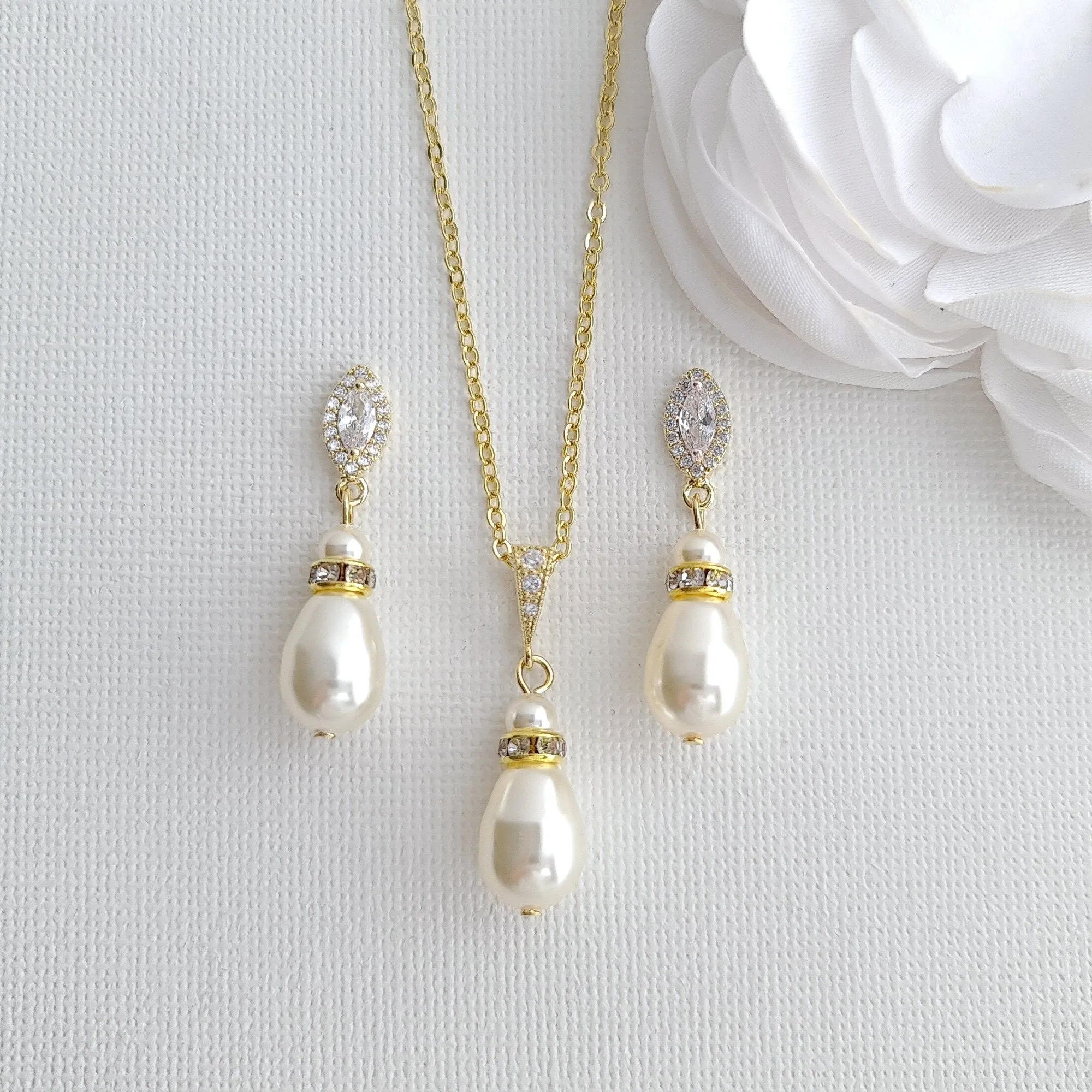 Pearl Earrings Necklace Bracelet Bridesmaids & Bridal Jewelry Set- Ella